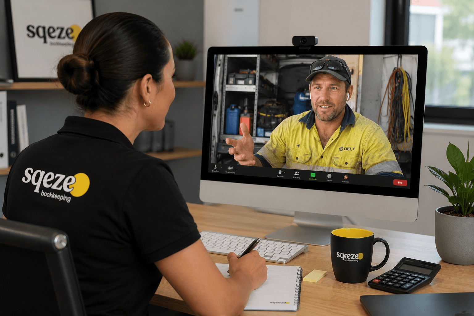 A SQEZE bookkeeper meeting online with a tradesperson