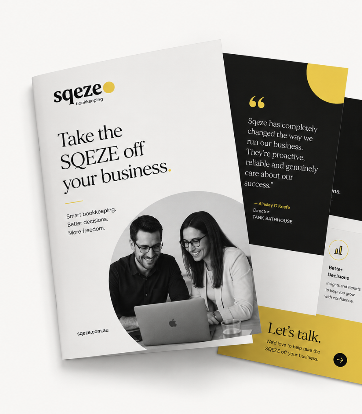SQEZE info pack cover with overlapping testimonial and reporting pages